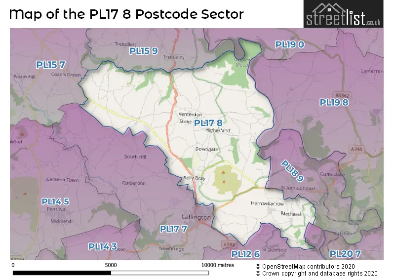 Map of the PL17 8 and surrounding postcode sector