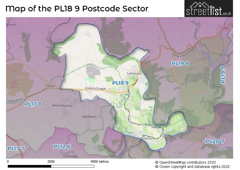 Map of the PL18 9 and surrounding postcode sector