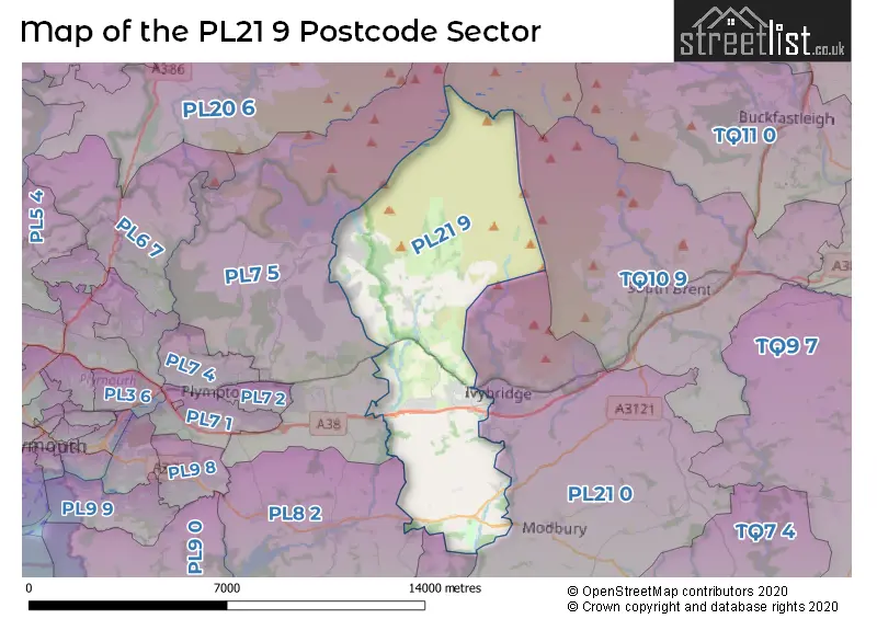 Map of the PL21 9 and surrounding postcode sector