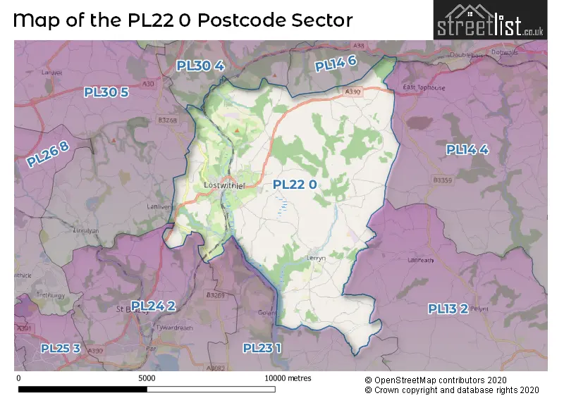 Map of the PL22 0 and surrounding postcode sector