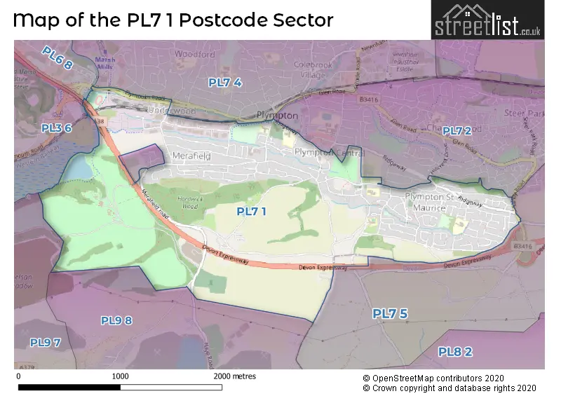 Map of the PL7 1 and surrounding postcode sector