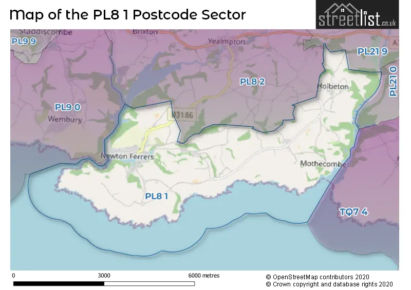 Map of the PL8 1 and surrounding postcode sector