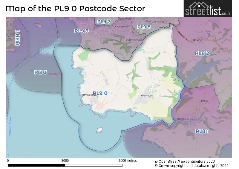 Map of the PL9 0 and surrounding postcode sector