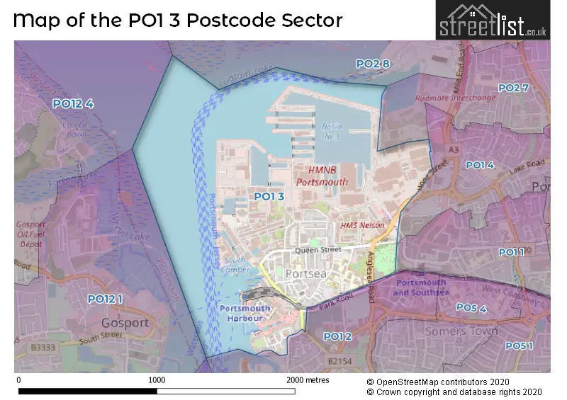 Map of the PO1 3 and surrounding postcode sector