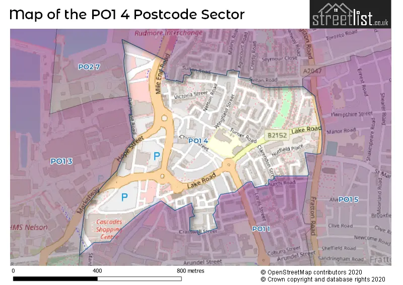 Map of the PO1 4 and surrounding postcode sector