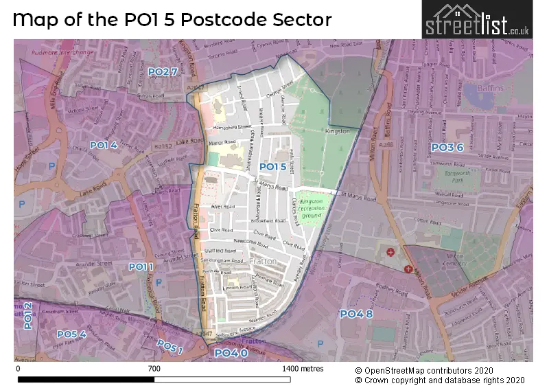 Map of the PO1 5 and surrounding postcode sector