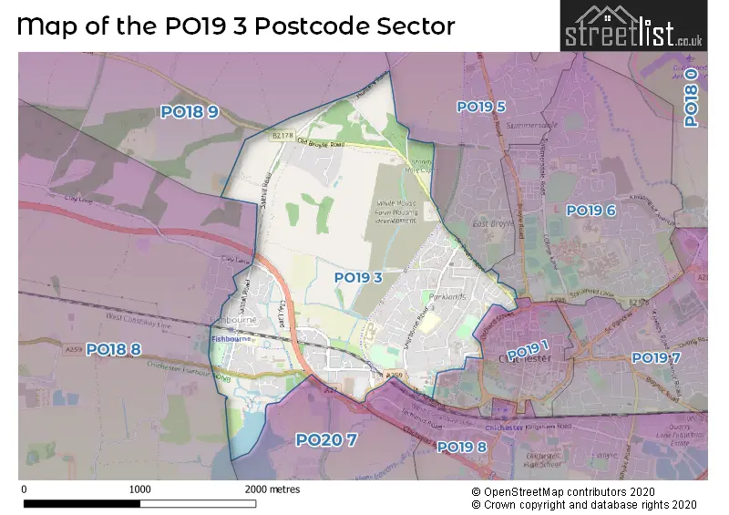 Map of the PO19 3 and surrounding postcode sector