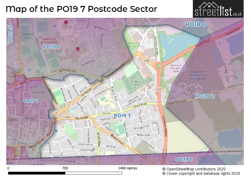 Map of the PO19 7 and surrounding postcode sector