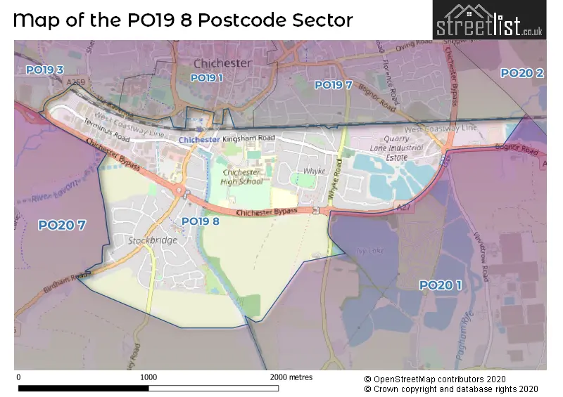 Map of the PO19 8 and surrounding postcode sector