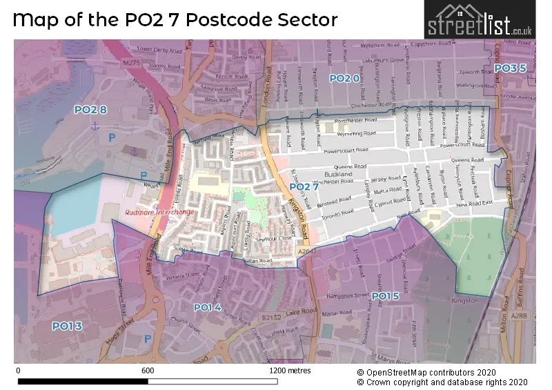 Map of the PO2 7 and surrounding postcode sector