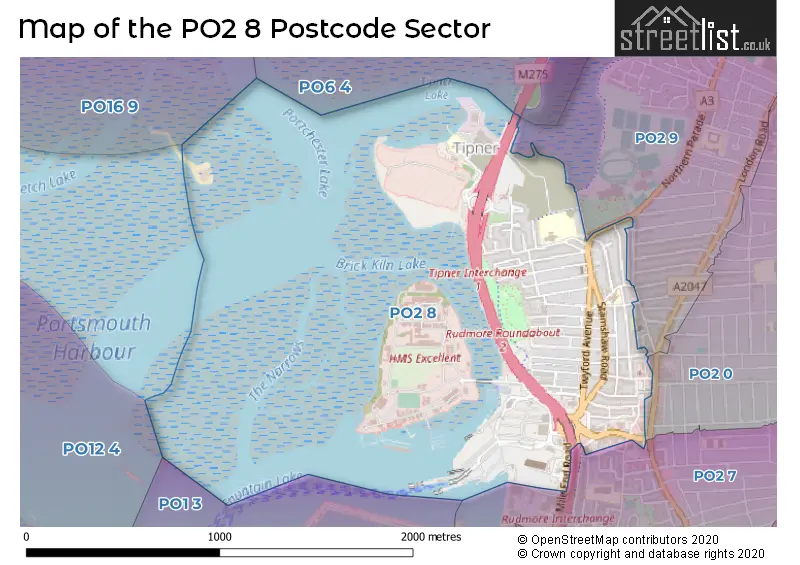 Map of the PO2 8 and surrounding postcode sector