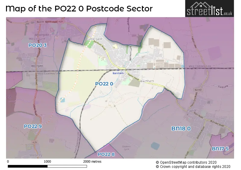 Map of the PO22 0 and surrounding postcode sector