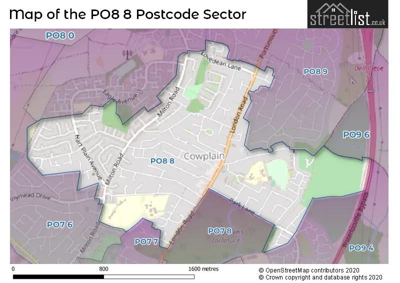 Map of the PO8 8 and surrounding postcode sector