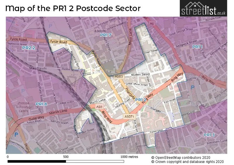 Map of the PR1 2 and surrounding postcode sector