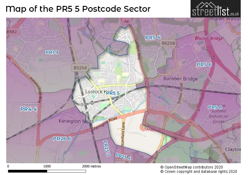 Map of the PR5 5 and surrounding postcode sector