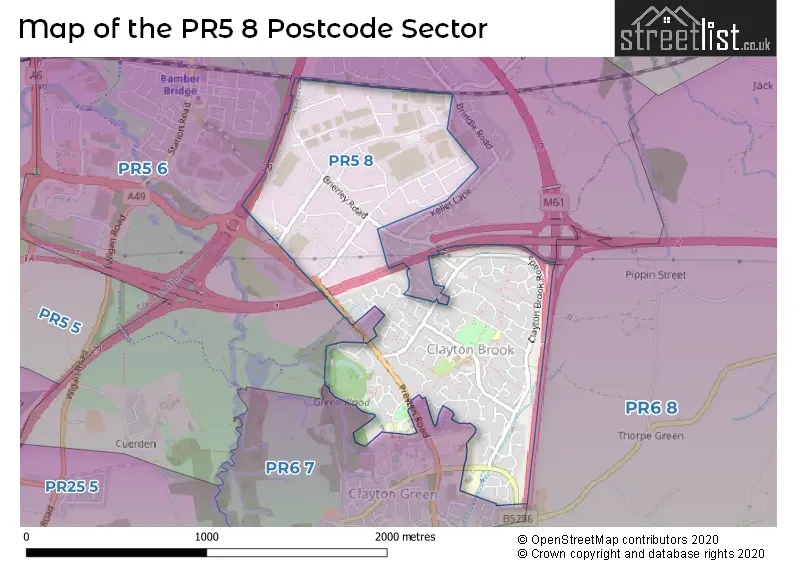 Map of the PR5 8 and surrounding postcode sector