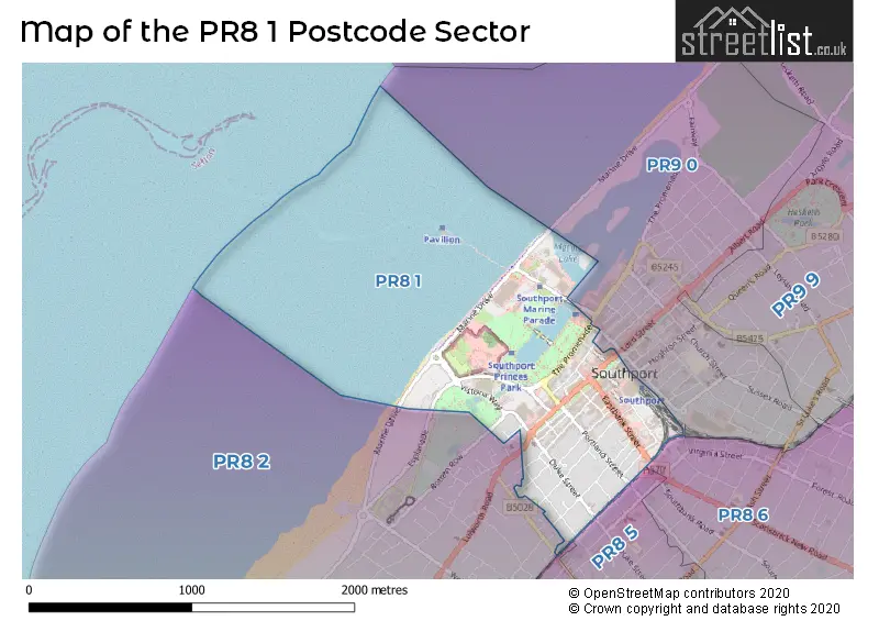 Map of the PR8 1 and surrounding postcode sector