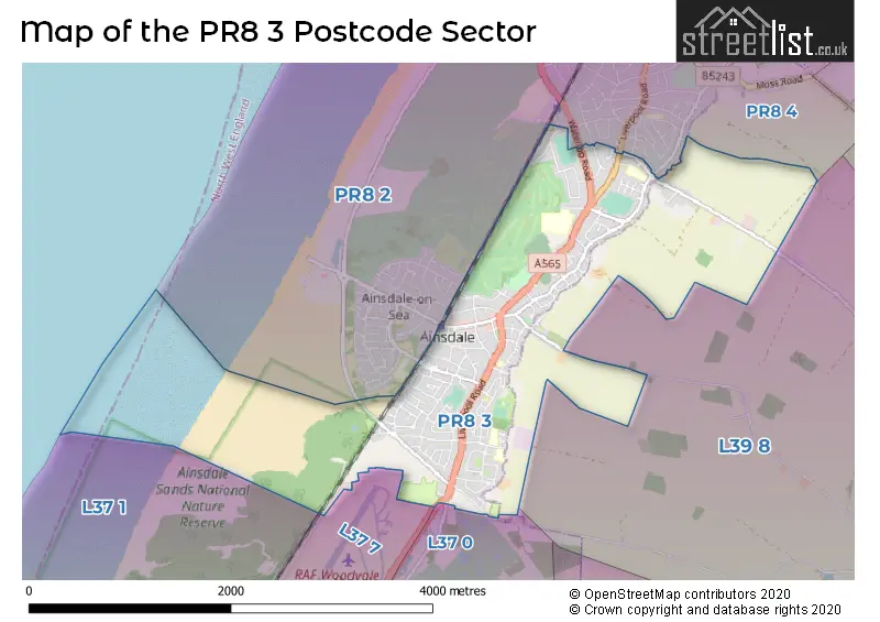 Map of the PR8 3 and surrounding postcode sector