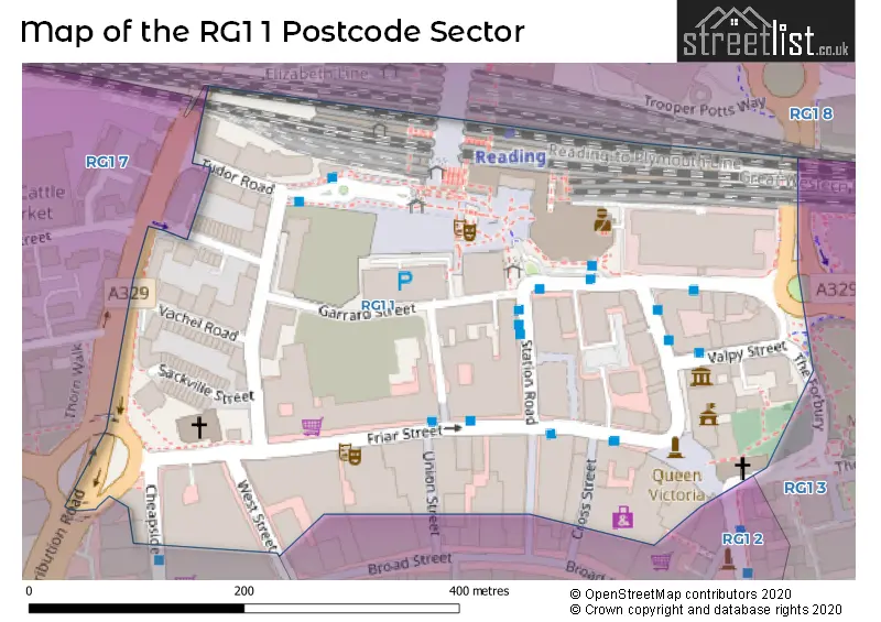 Map of the RG1 1 and surrounding postcode sector