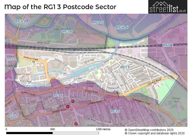 Map of the RG1 3 and surrounding postcode sector