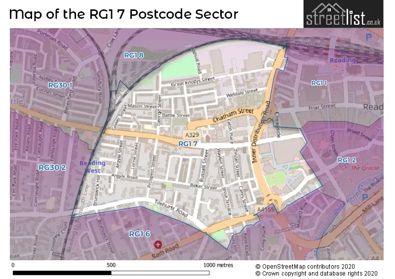 Map of the RG1 7 and surrounding postcode sector