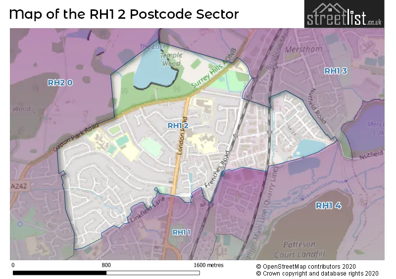 Map of the RH1 2 and surrounding postcode sector