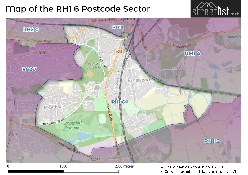 Map of the RH1 6 and surrounding postcode sector