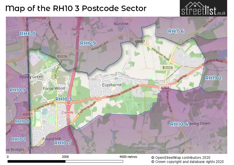 Map of the RH10 3 and surrounding postcode sector