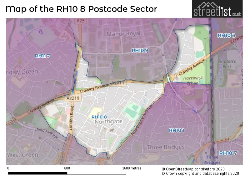 Map of the RH10 8 and surrounding postcode sector