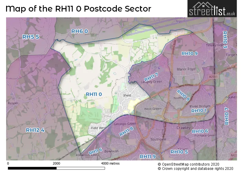 Map of the RH11 0 and surrounding postcode sector