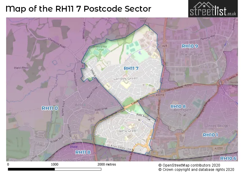 Map of the RH11 7 and surrounding postcode sector