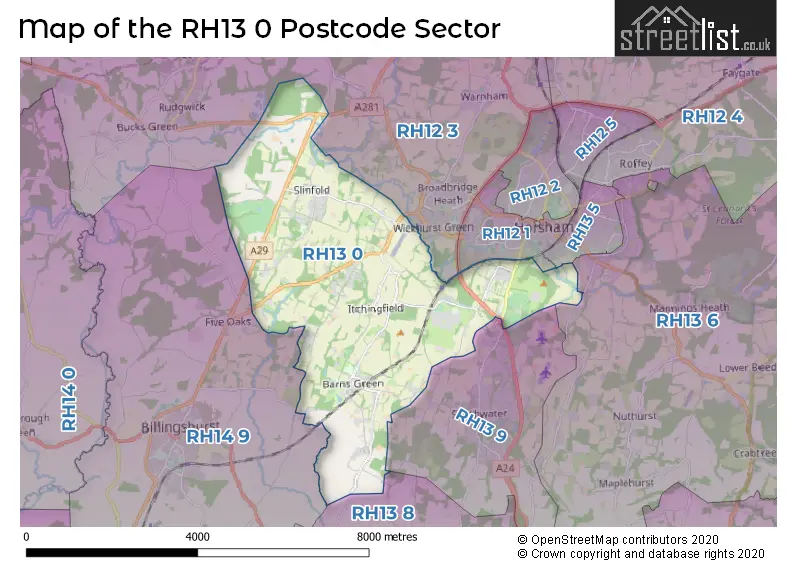 Map of the RH13 0 and surrounding postcode sector