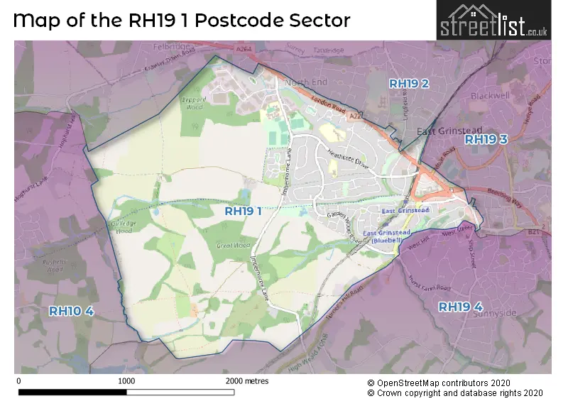 Map of the RH19 1 and surrounding postcode sector