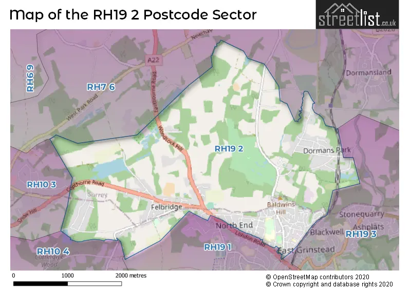 Map of the RH19 2 and surrounding postcode sector