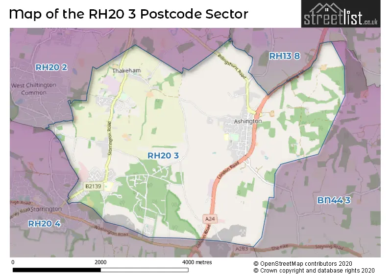 Map of the RH20 3 and surrounding postcode sector