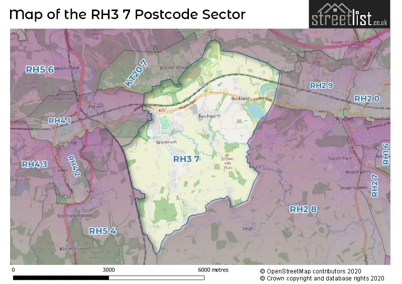 Map of the RH3 7 and surrounding postcode sector