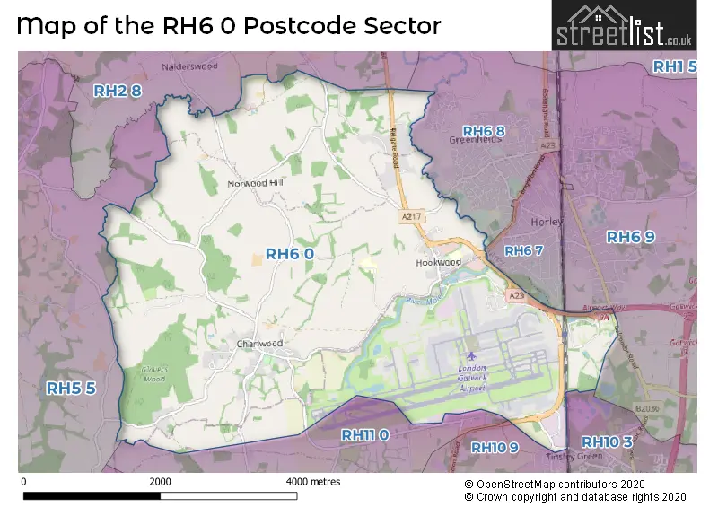 Map of the RH6 0 and surrounding postcode sector