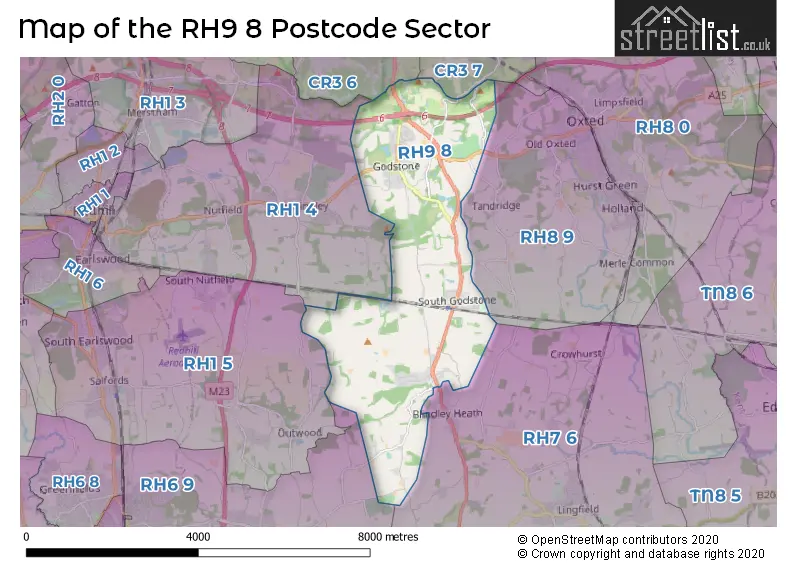 Map of the RH9 8 and surrounding postcode sector