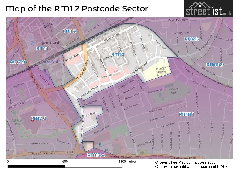 Map of the RM1 2 and surrounding postcode sector