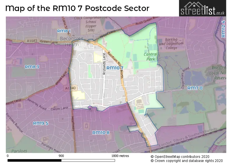 Map of the RM10 7 and surrounding postcode sector