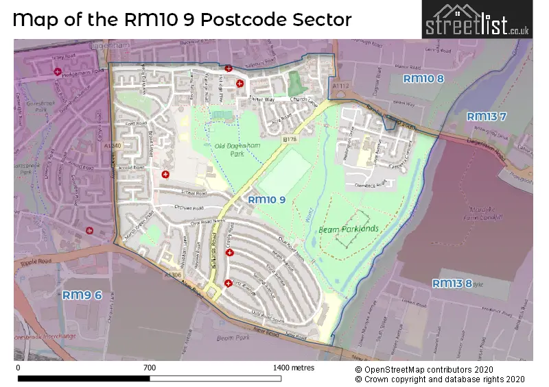 Map of the RM10 9 and surrounding postcode sector