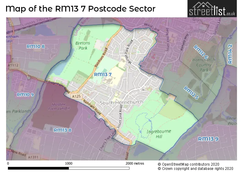 Map of the RM13 7 and surrounding postcode sector