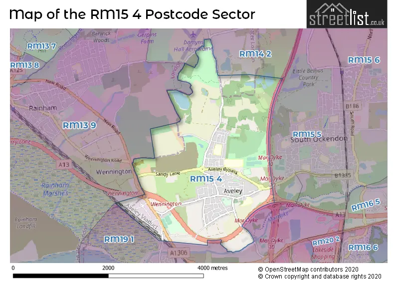 Map of the RM15 4 and surrounding postcode sector