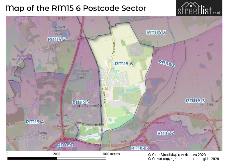 Map of the RM15 6 and surrounding postcode sector