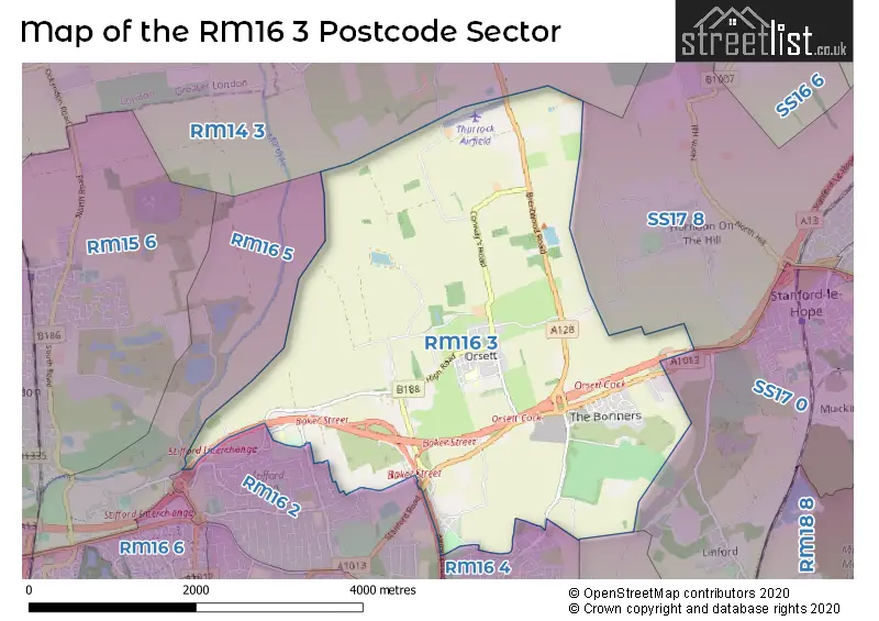 Map of the RM16 3 and surrounding postcode sector