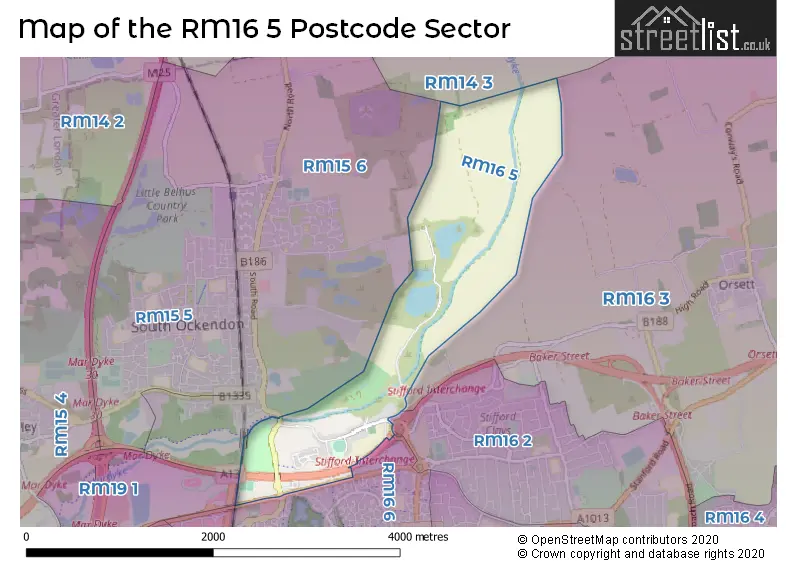 Map of the RM16 5 and surrounding postcode sector