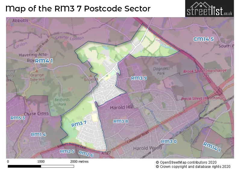 Map of the RM3 7 and surrounding postcode sector