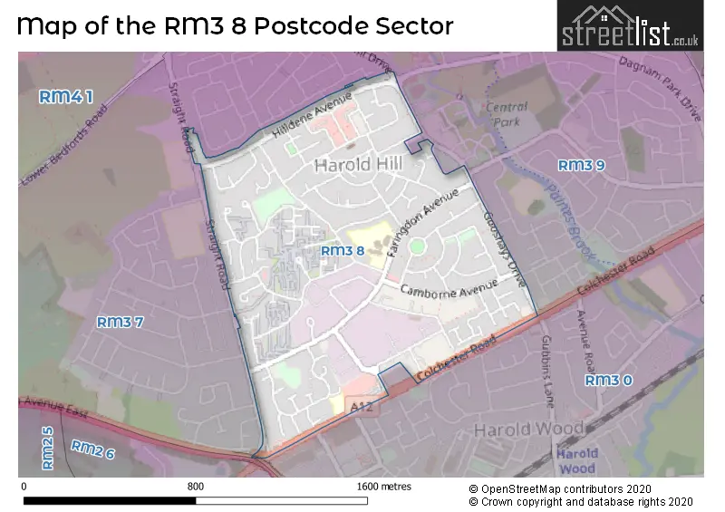 Map of the RM3 8 and surrounding postcode sector