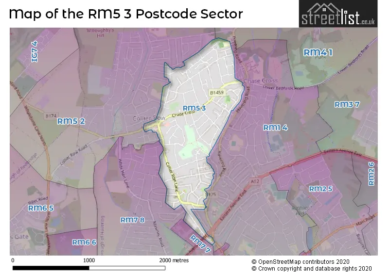 Map of the RM5 3 and surrounding postcode sector