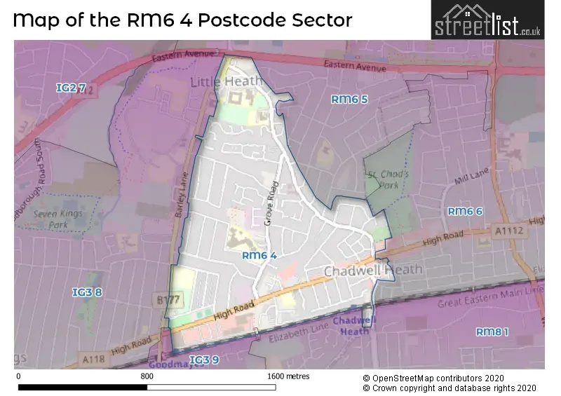 Map of the RM6 4 and surrounding postcode sector